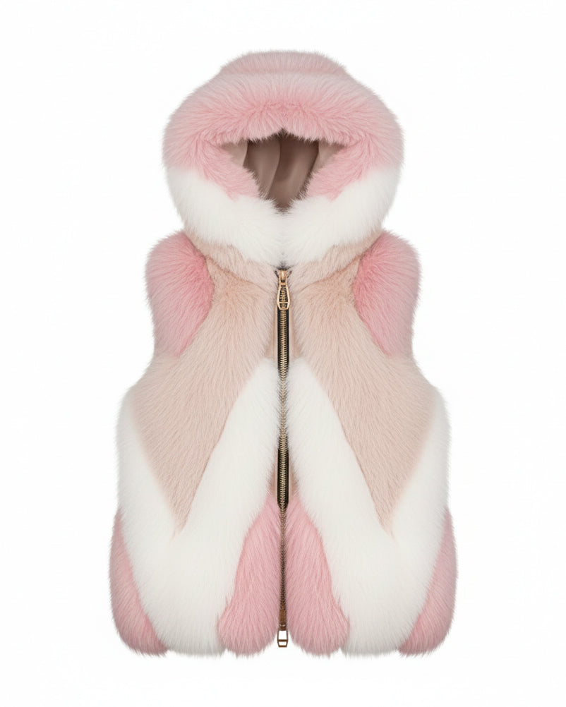 Yes London Gilet Ecovisone Tricolore Bianco/beige/Rosa con Cappuccio per Bambine