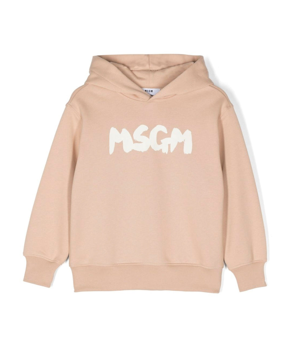 MSGM Kids Felpa Beige con Cappuccio con Stampa
