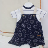 Minibanda T-shirt Bianca a Righe con Salopette Blu con Stampa per Neonati