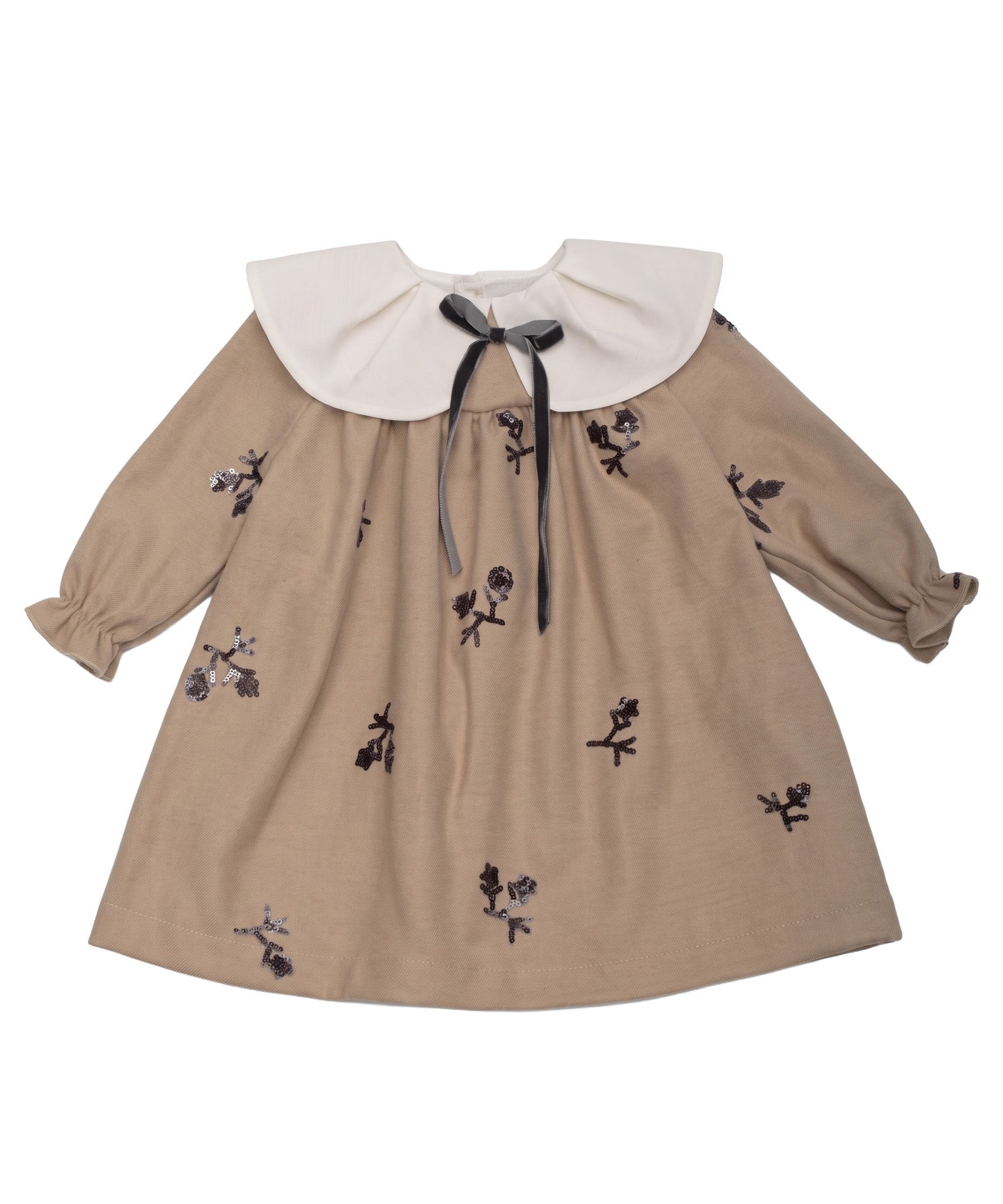 Barcellino Kids Abito Beige con Brillantini Fiori Nero per Neonate