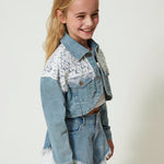 Twinset Kids Giacca Crop in Denim con Pizzo 