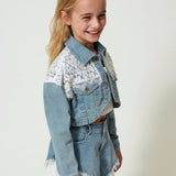 Twinset Kids Giacca Crop in Denim con Pizzo 