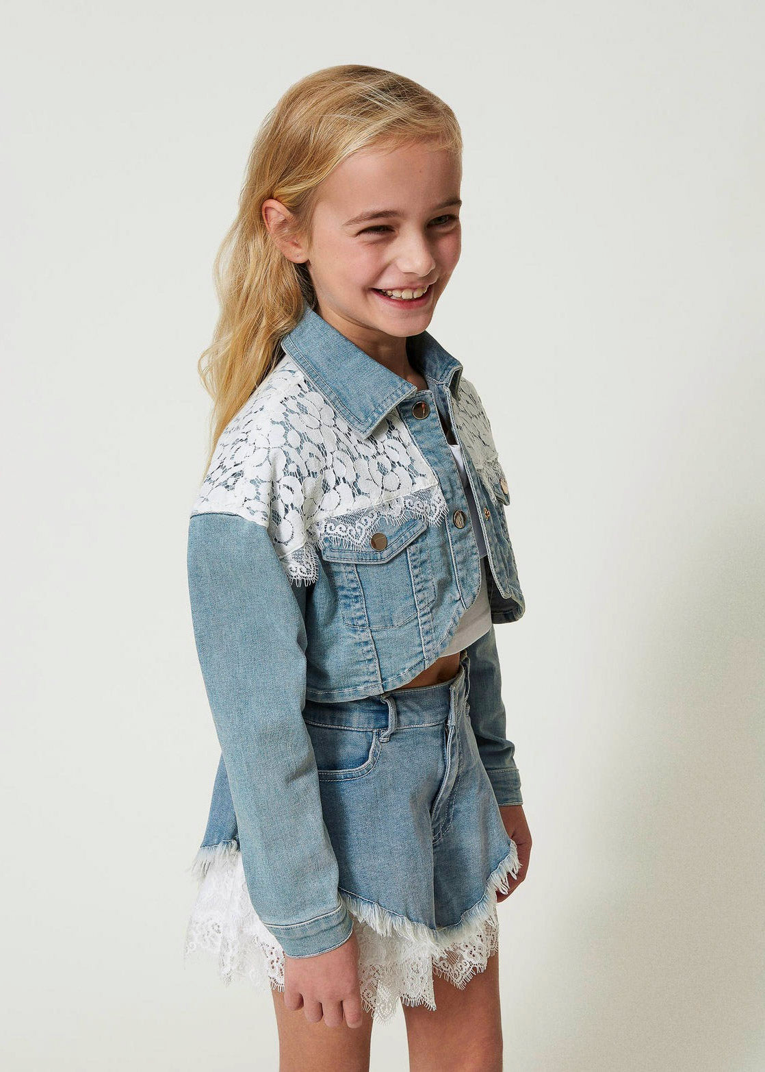 Twinset Kids Giacca Crop in Denim con Pizzo 