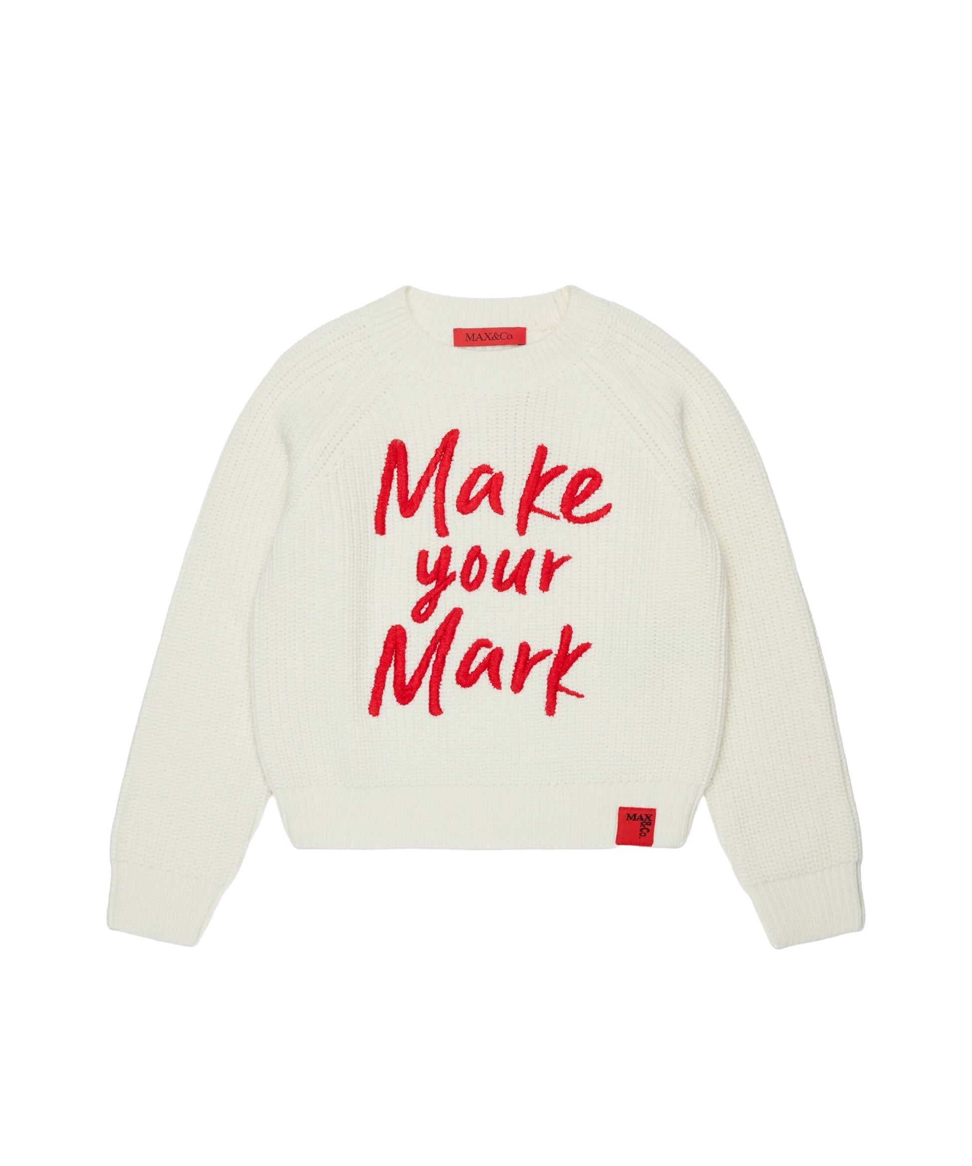 MAX&Co. Kids Maglione a Coste Panna con Scritta Rossa Make Your Mark Ricamata per Bambine