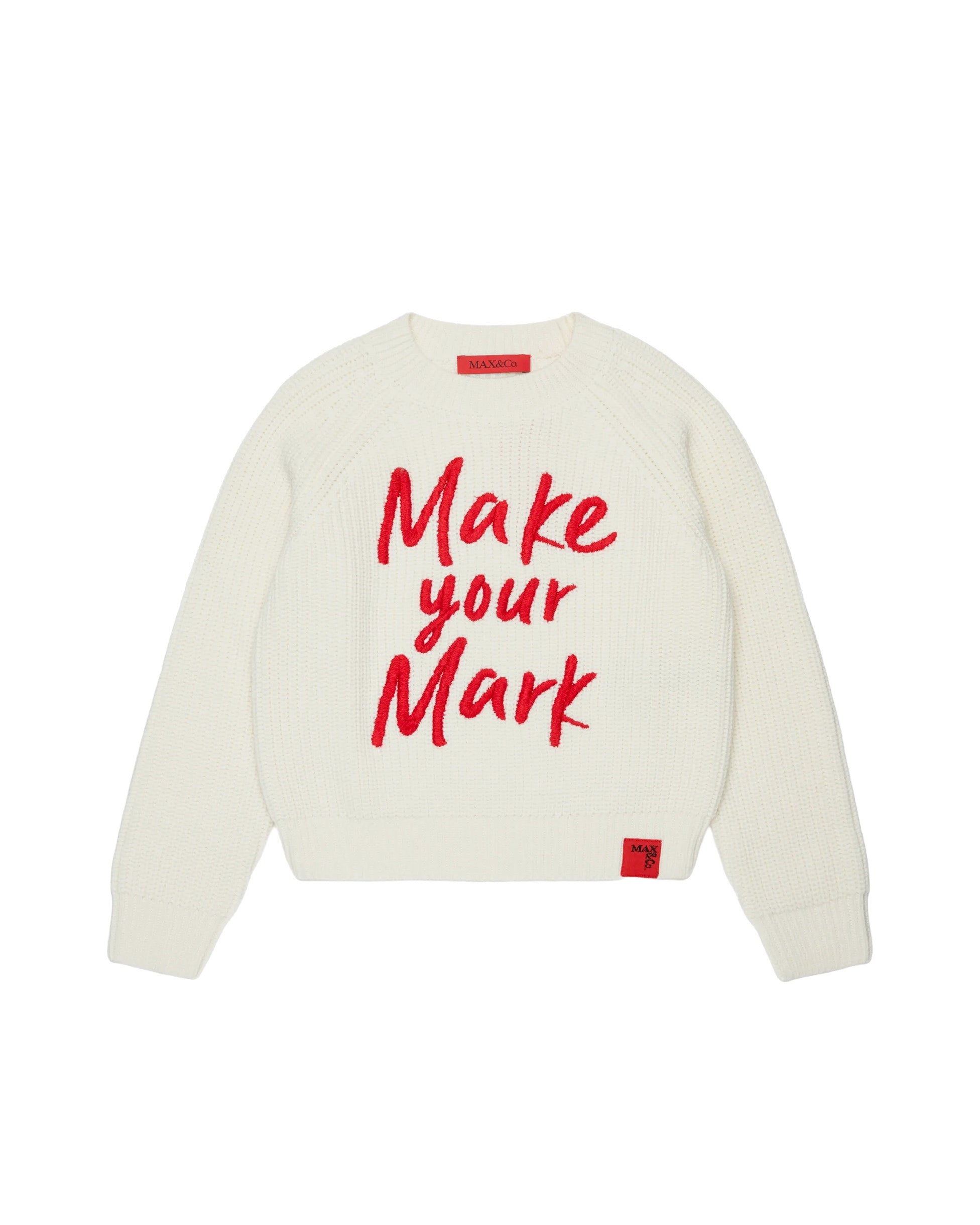 MAX&Co. Kids Maglione a Coste Panna con Scritta Rossa Make Your Mark Ricamata per Bambine