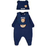 Moschino Kids Tutina con Bavetta e Cappellino Blu navy con Logo per Neonati