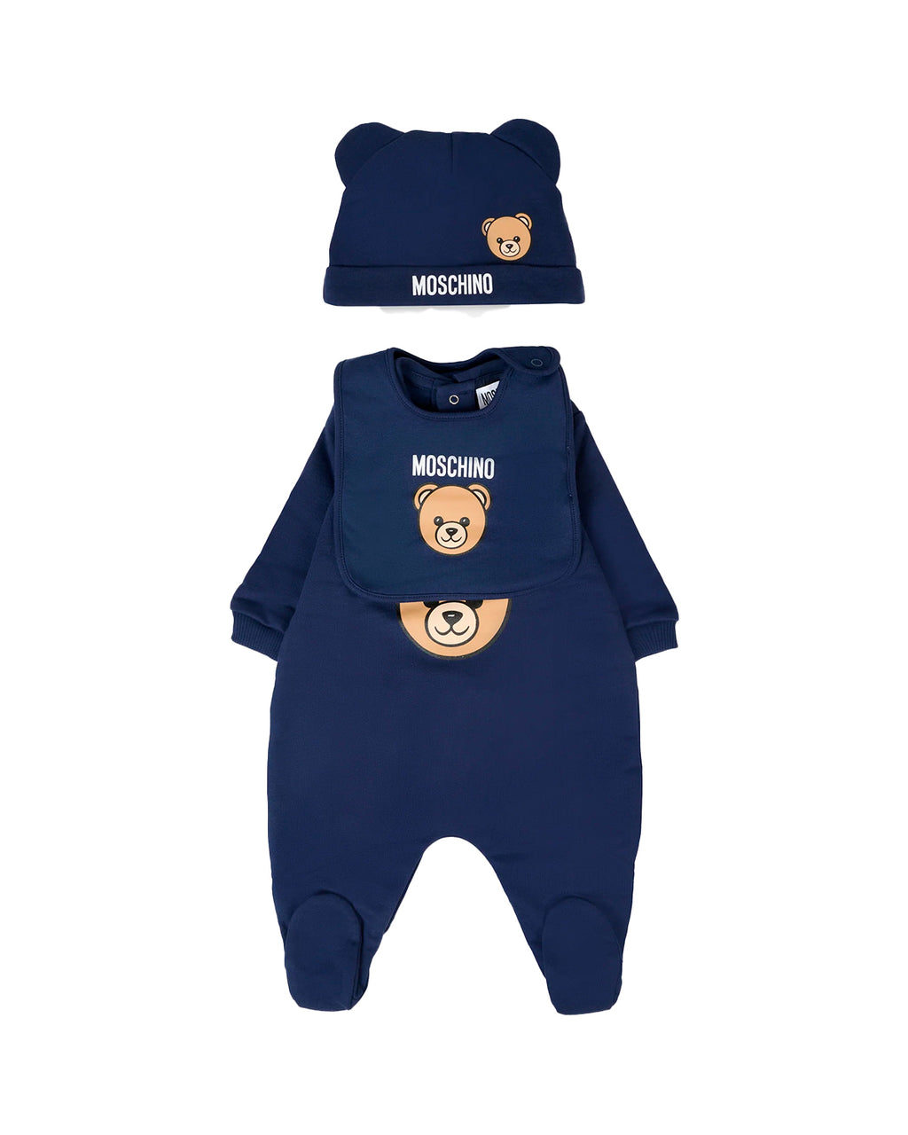 Moschino Kids Tutina con Bavetta e Cappellino Blu navy con Logo per Neonati