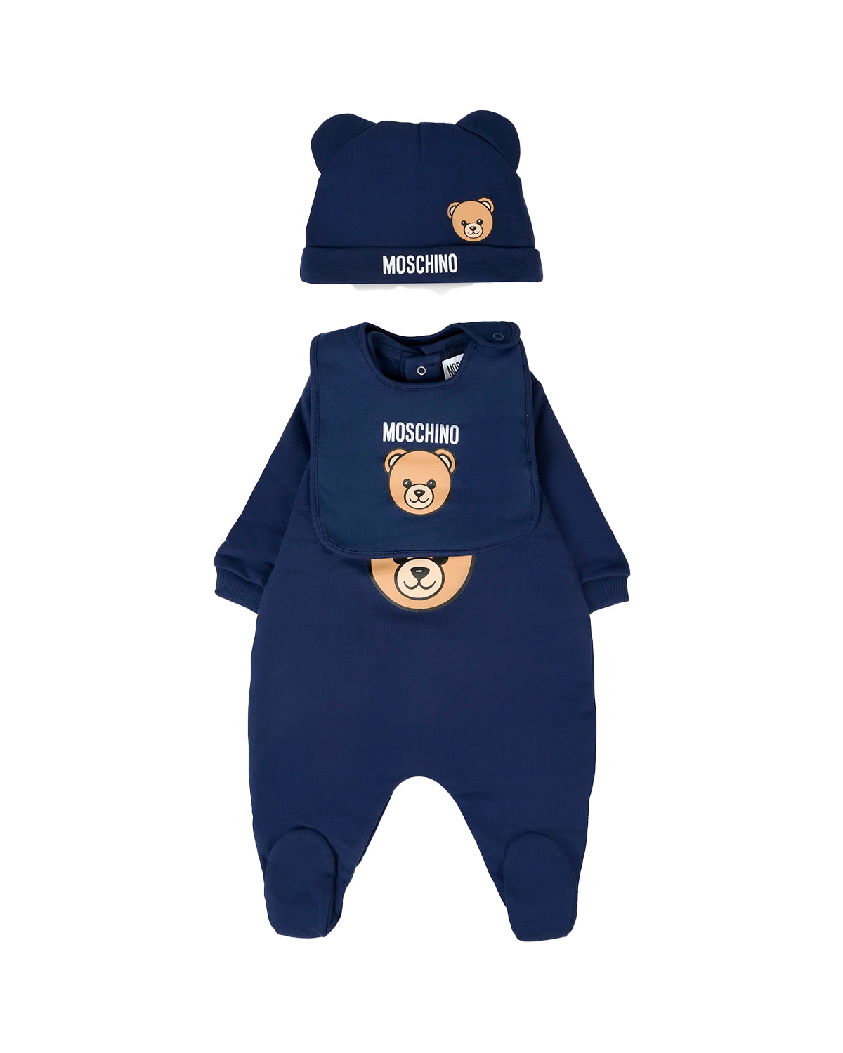 Moschino Kids Tutina con Bavetta e Cappellino Blu navy con Logo per Neonati