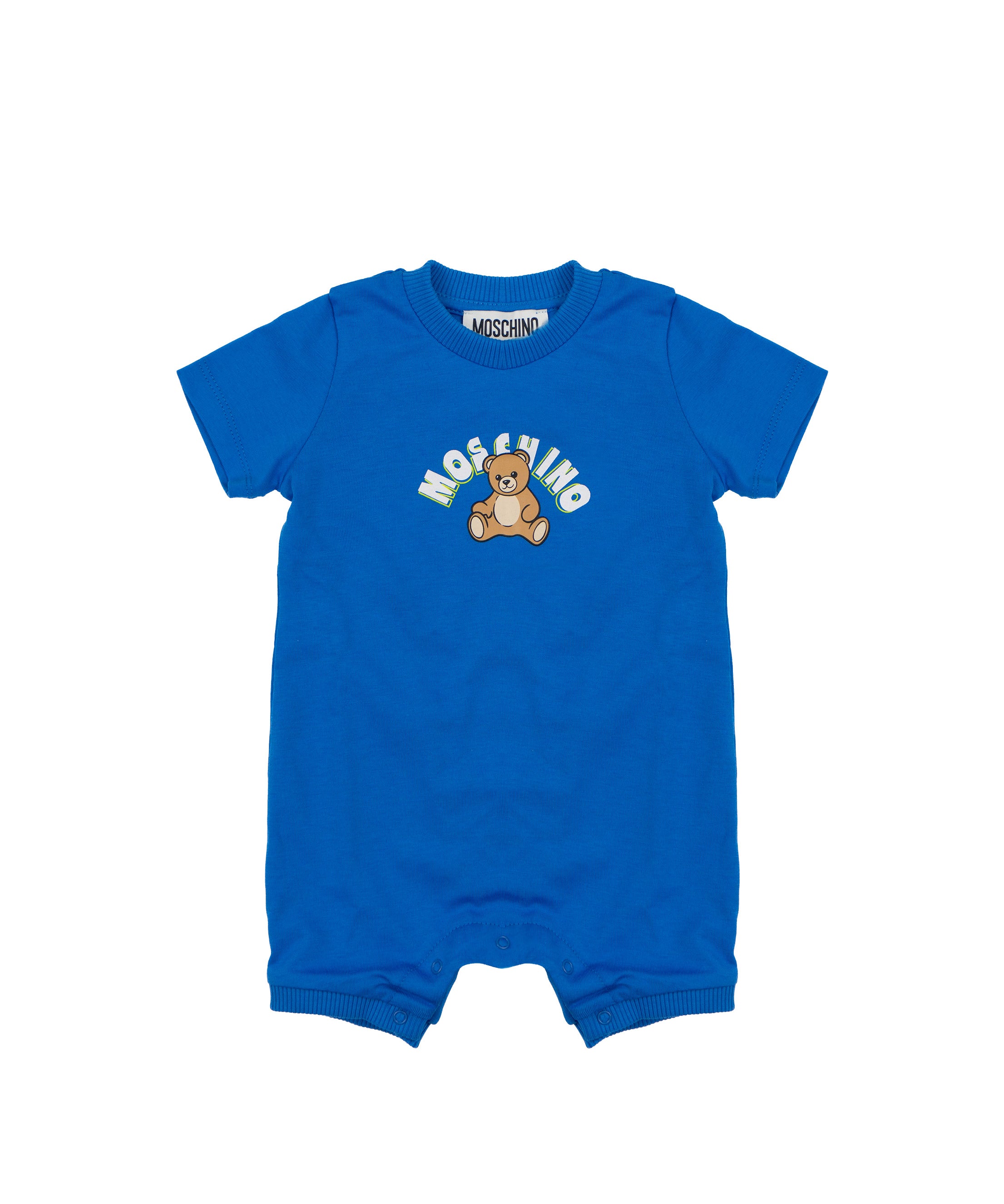 Moschino Kids Pagliaccetto Blu con Bottoni Apertura Spalla e Stampa logo Teddy per Neonati
