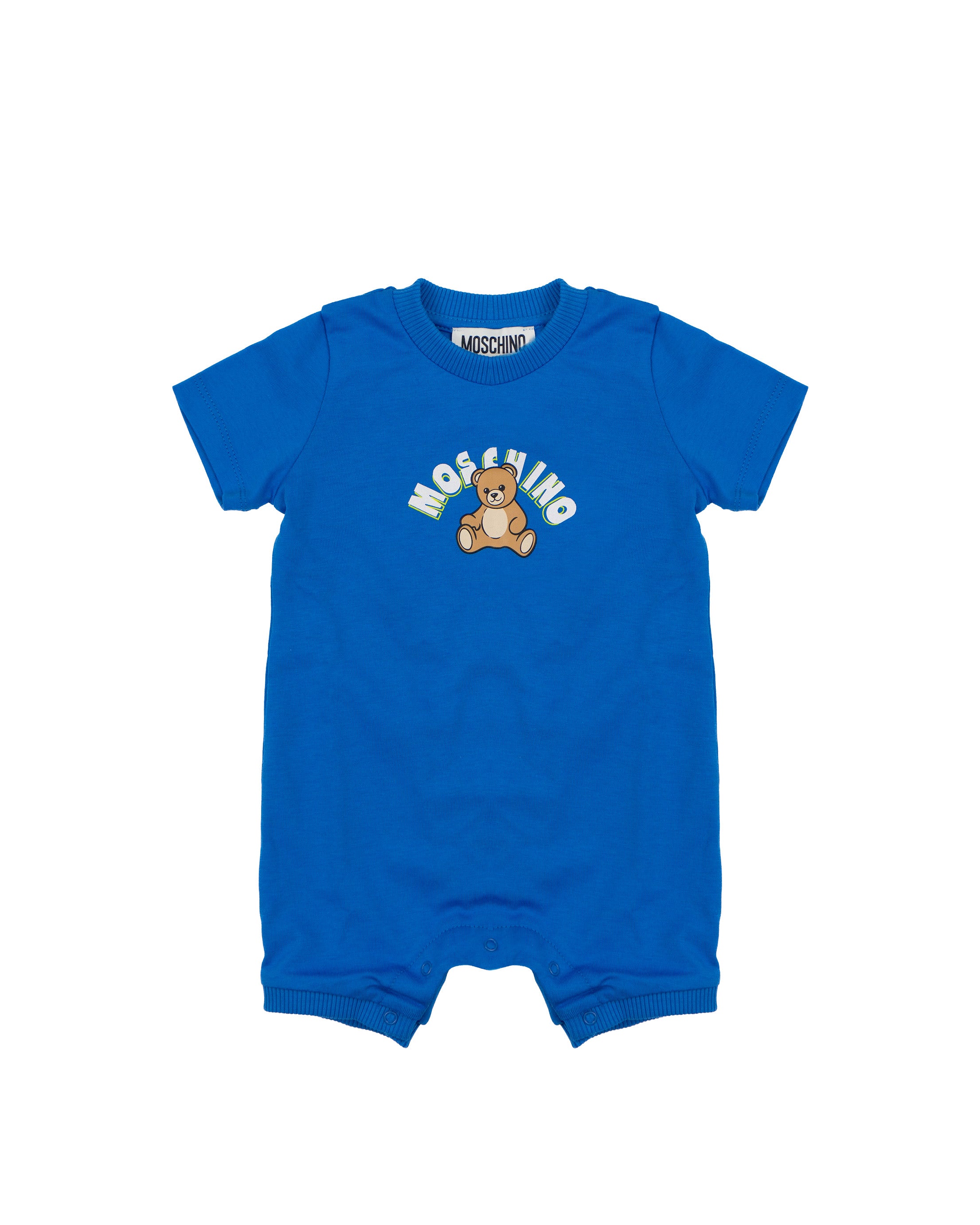 Moschino Kids Pagliaccetto Blu con Bottoni Apertura Spalla e Stampa logo Teddy per Neonati