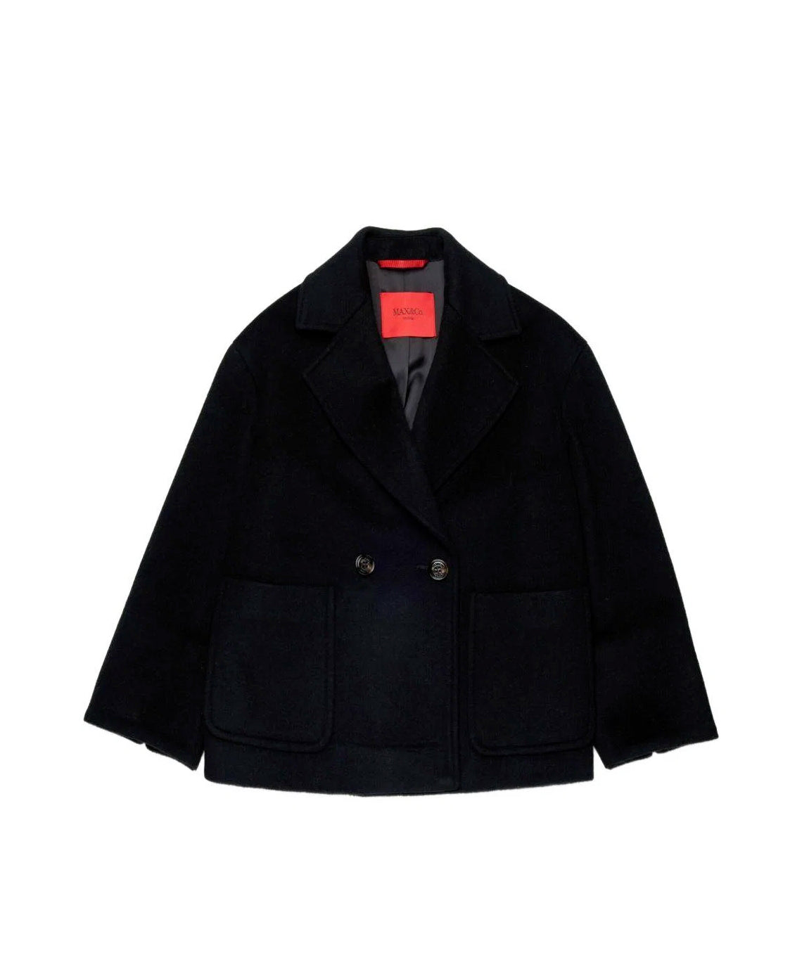 Max&Co Kids Cappotto Corto in Lana Nera Doppiopetto con Tasche Applicate per Bambine