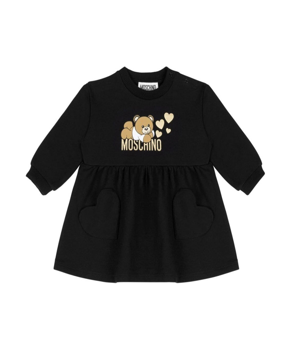 Moschino Kids Abito Nero Svasato con Stampa Teddy Bear per Neonate