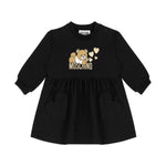 Moschino Kids Abito Nero Svasato con Stampa Teddy Bear per Neonate