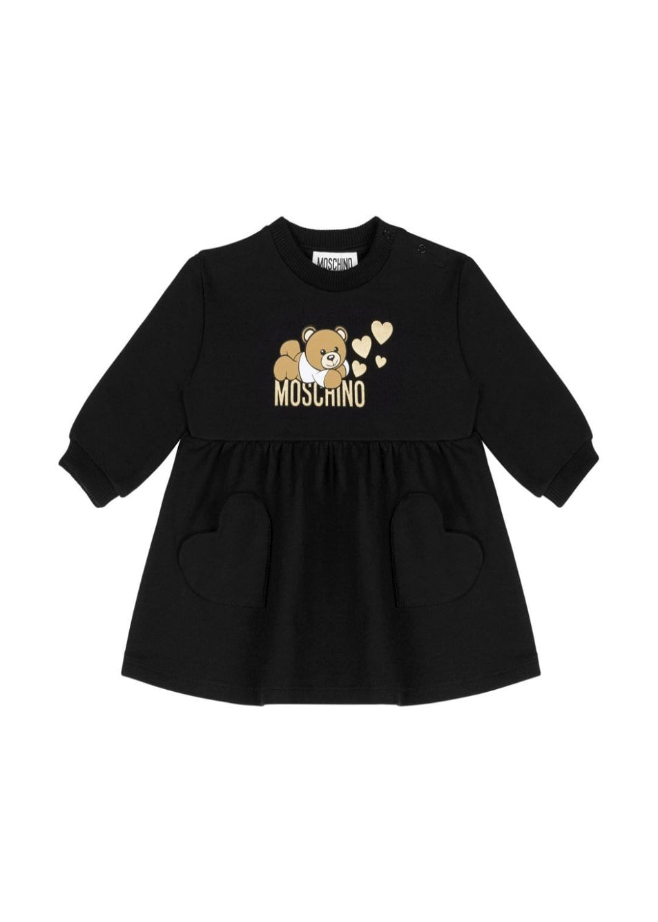 Moschino Kids Abito Nero Svasato con Stampa Teddy Bear per Neonate