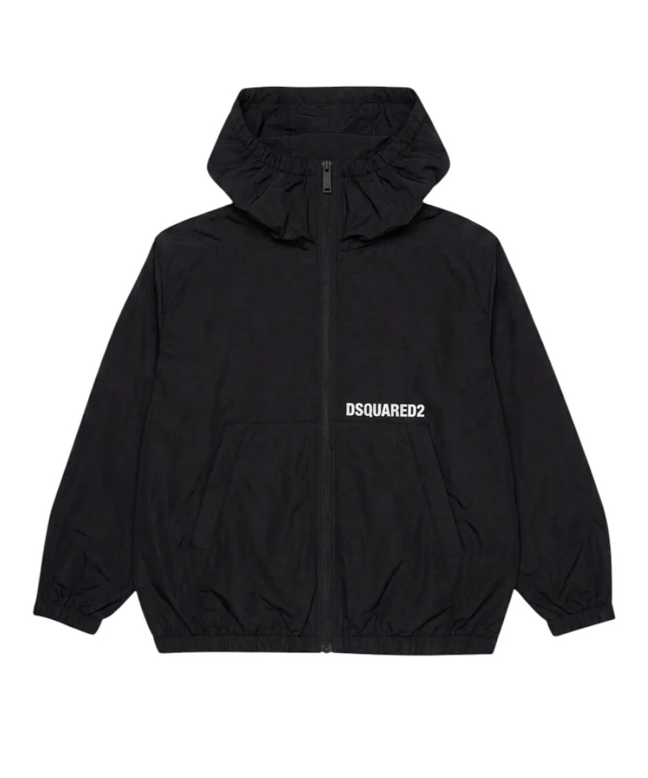 Dsquared2 Kids Giacca Nera a Vento con Logo Stampato per Bambini