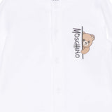 Moschino Kids Tutina Bianca in Cotone con Stampa Teddy Bear e Logo Unisex per Neonati