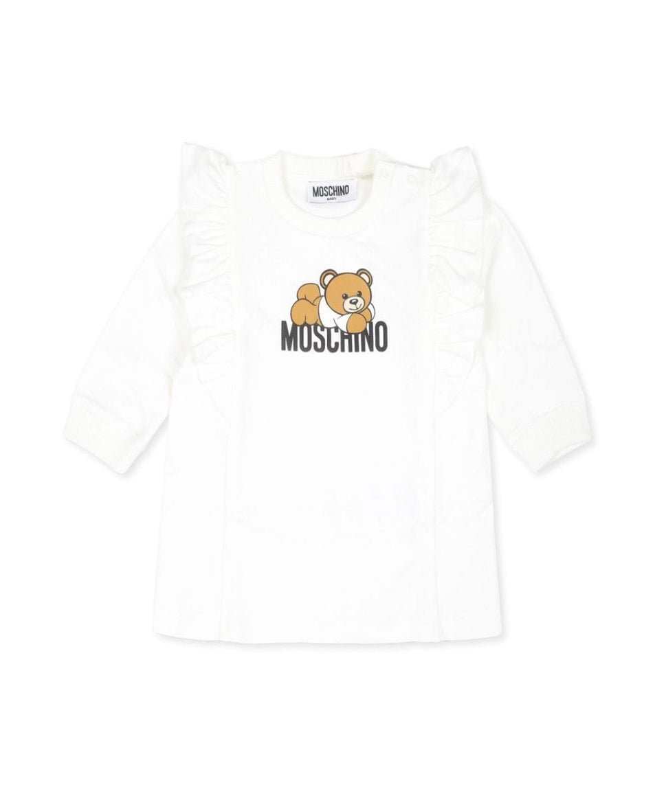 Moschino Kids Abito Panna con Stampa Teddy Bear con Ruches per Neonate