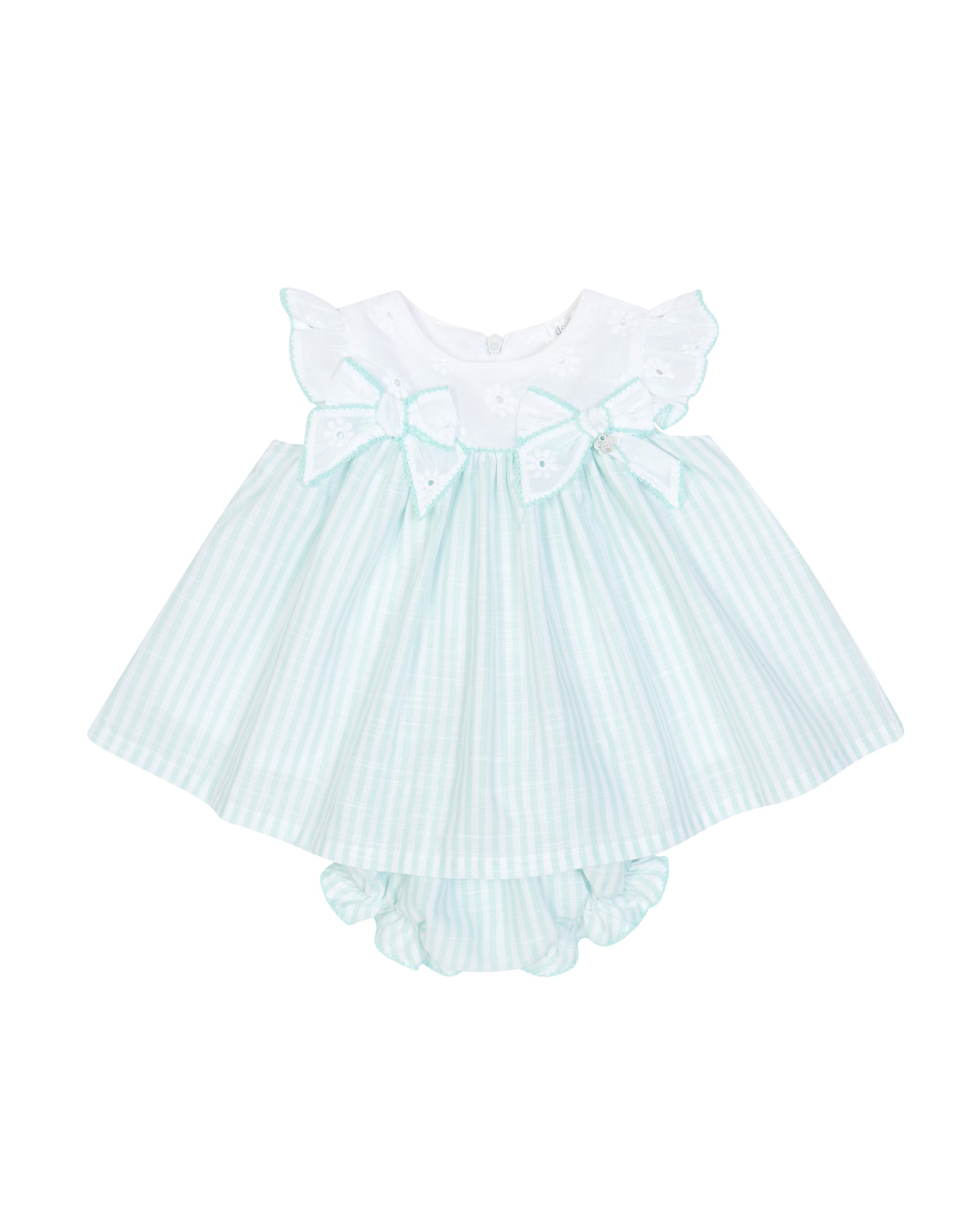 Deolinda Kids Abito + Mutandina Fantasia a Righe Bianco e Verde Acqua per Neonate