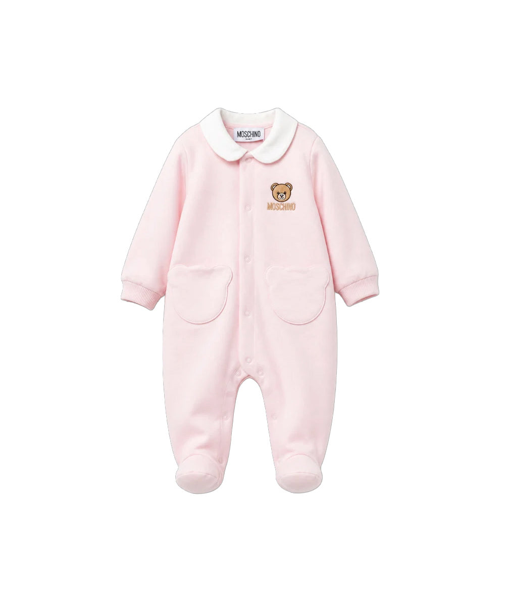 Moschino Kids Tutina Rosa in Cotone con Colletto, Tasche Teddy Bear e Logo per Neonate