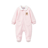 Moschino Kids Tutina Rosa in Cotone con Colletto, Tasche Teddy Bear e Logo per Neonate