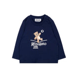 Moschino Kids Maglia Blu Navy a Maniche Lunghe con Stampa Teddy Bear e Logo per Neonati
