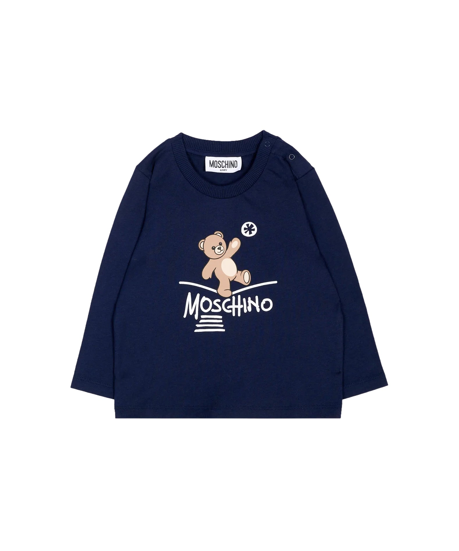 Moschino Kids Maglia Blu Navy a Maniche Lunghe con Stampa Teddy Bear e Logo per Neonati