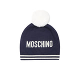 Moschino Kids Cappello in Maglia Blu Navy con Pon Pon