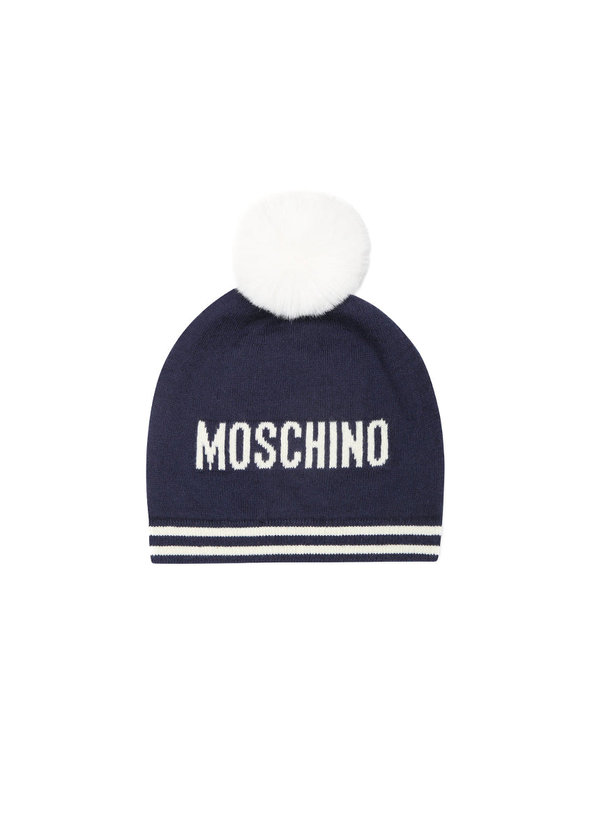 Moschino Kids Cappello in Maglia Blu Navy con Pon Pon