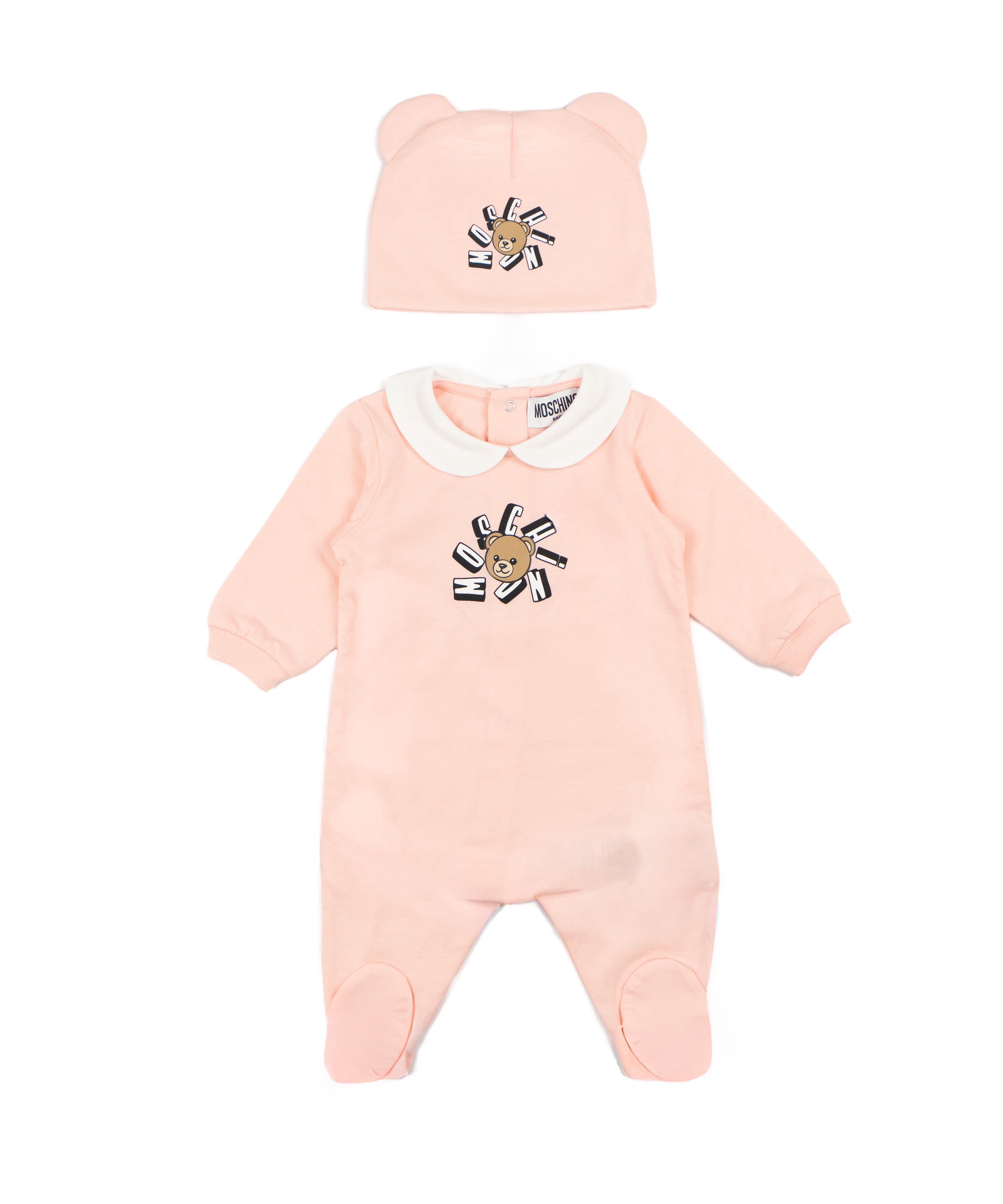 Moschino Kids Set 2pz. Tutina e Cappellino Rosa con Stampa Logo Teddy per Neonate