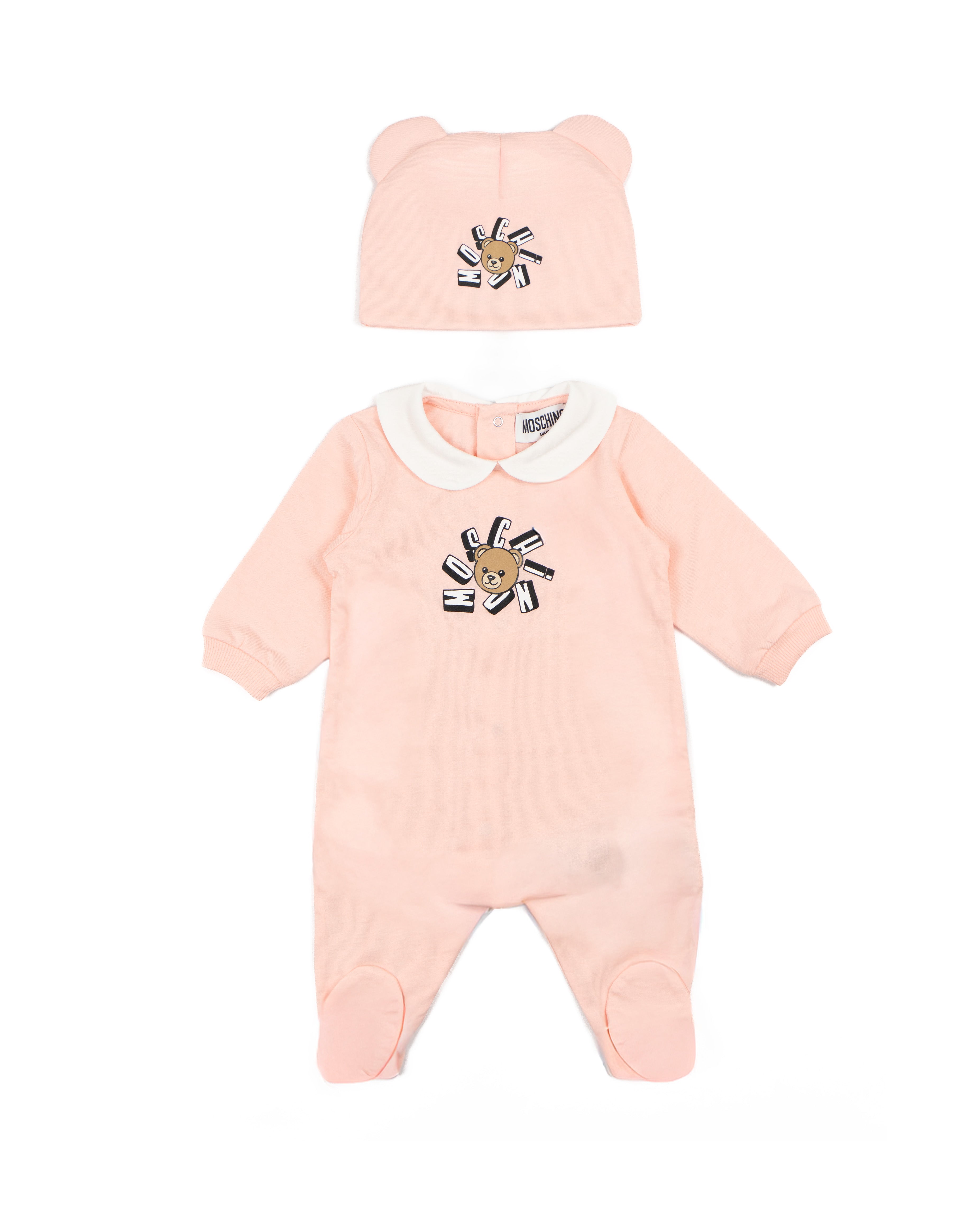 Moschino Kids Set 2pz. Tutina e Cappellino Rosa con Stampa Logo Teddy per Neonate