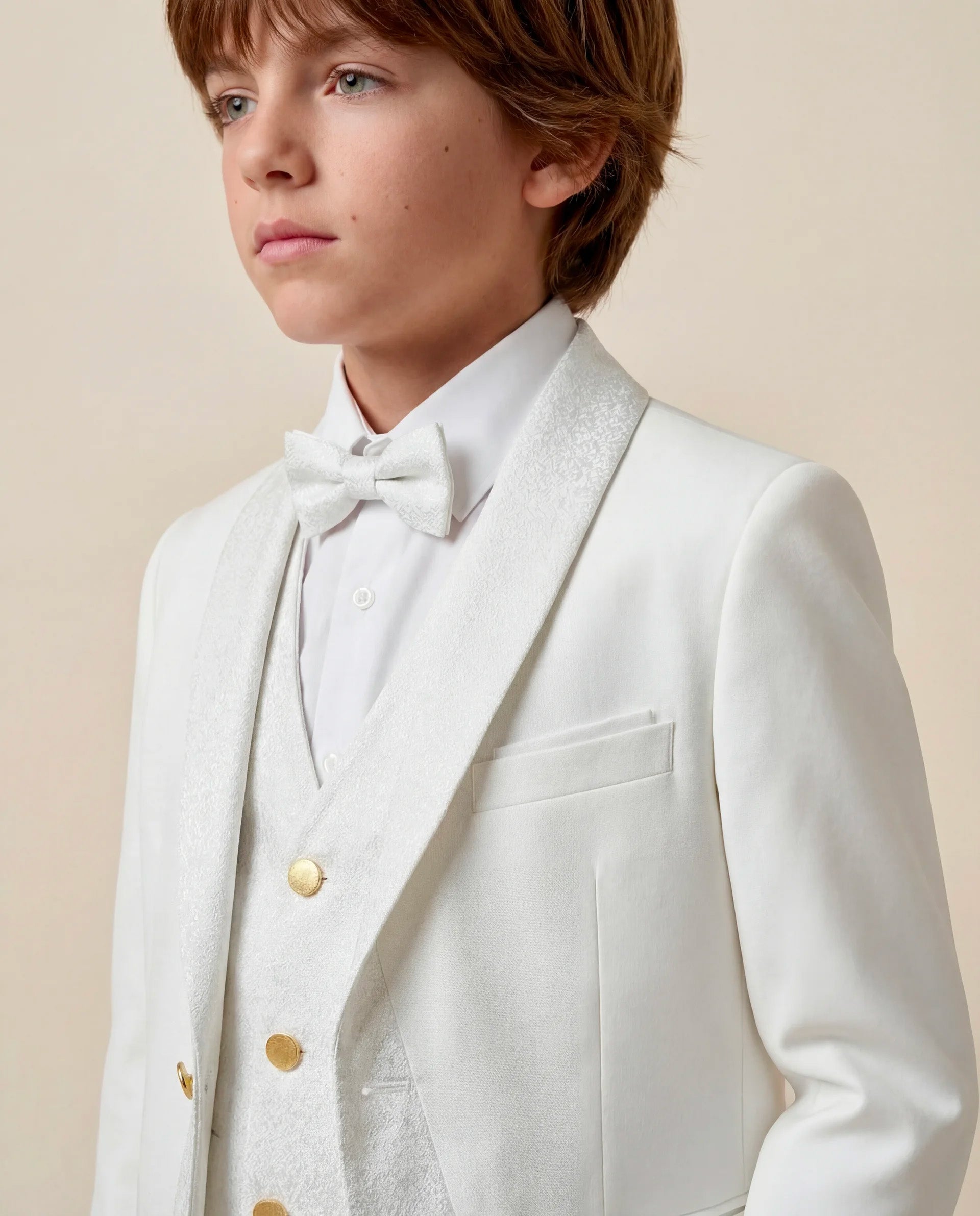 Alessandro Martinez Smoking Bianco 5 Pezzi con Rever Satinato per Bambini