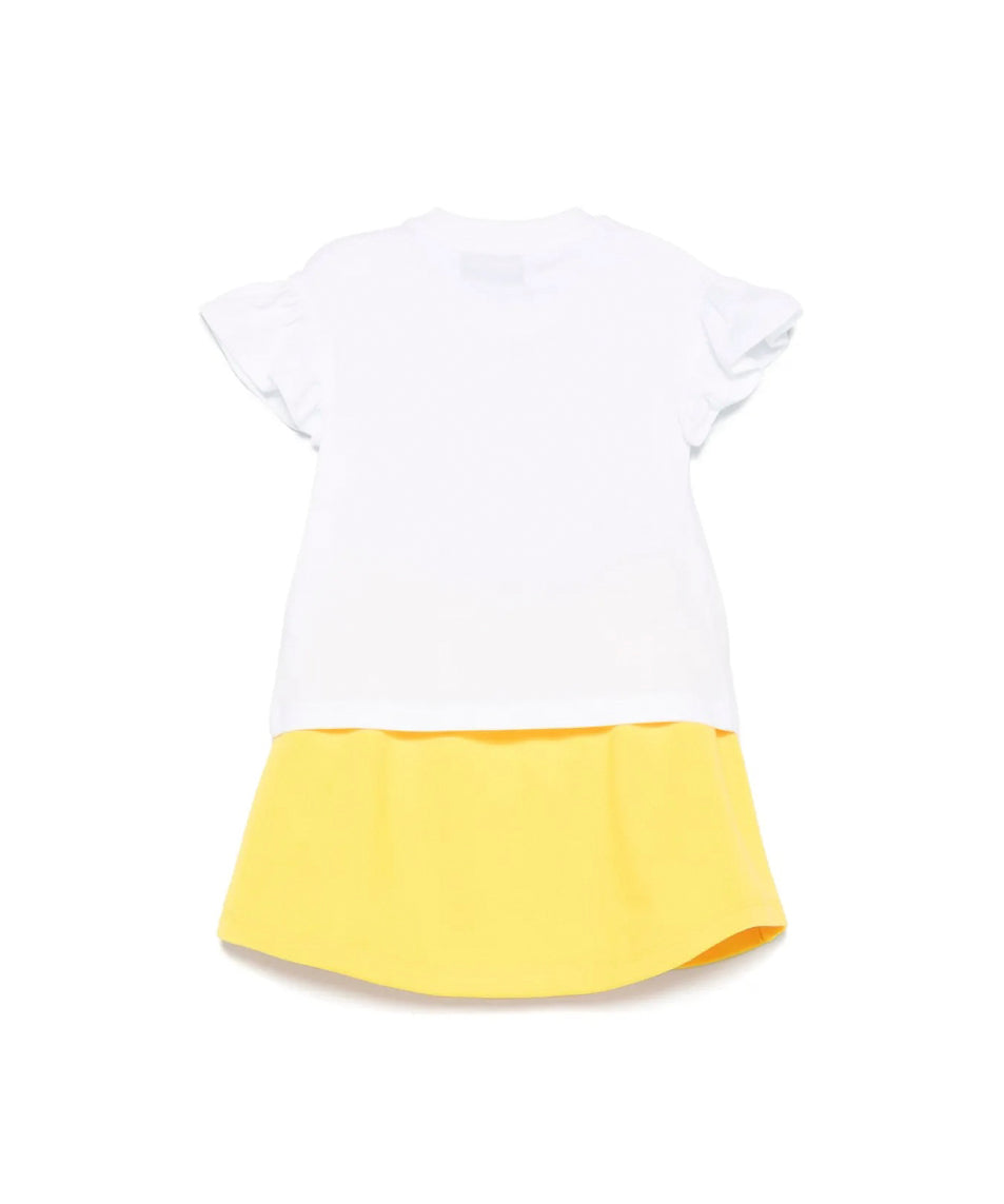 Moschino Kids T-shirt Bianca con Gonna Gialla con Stampa per Neonate