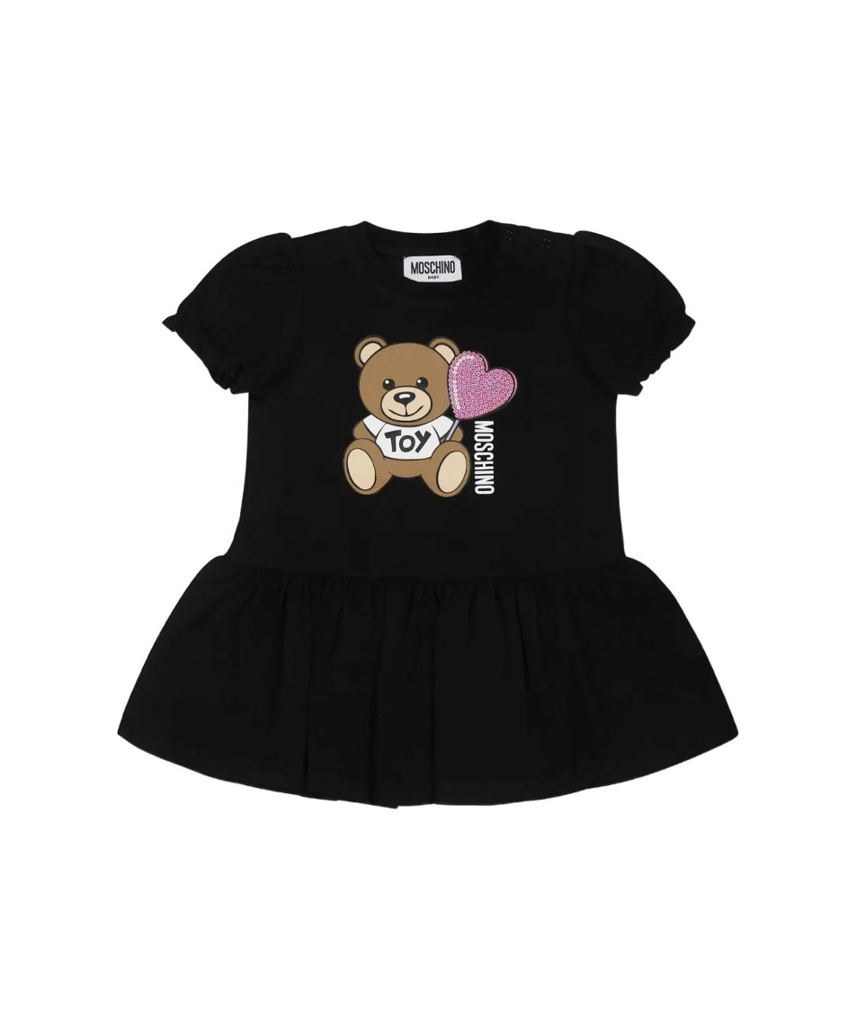 Moschino Kids Abito Nero con Stampa e Ruches per Neonate