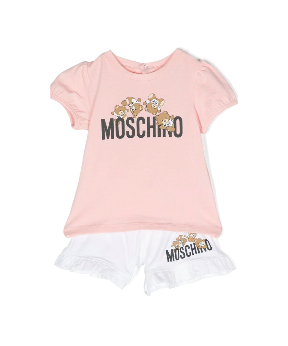 Moschino Kids Completo Short e T-shirt Bianco/RosaTeddy Bear per Neonate