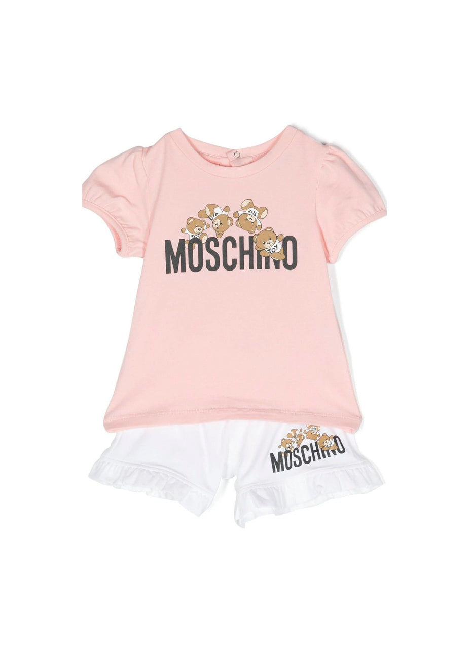 Moschino Kids Completo Short e T-shirt Bianco/RosaTeddy Bear per Neonate