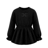 Elisabetta Franchi La Mia Bambina Abito in Felpa Nero con Logo Ricamato Tono su Tono, Vita Elasticizzata e Polsini con Rouches per Neonate