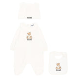 Moschino Kids Set Nascita Panna con Tutina, Cappellino e Bavaglino con Stampa Teddy Bear Unisex