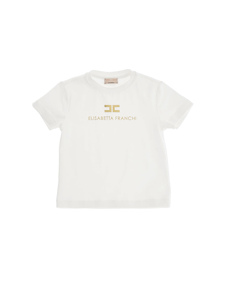 Elisabetta Franchi La Mia Bambina T-shirt Girocollo Avorio con Dettaglio Logo Oro per Neonate