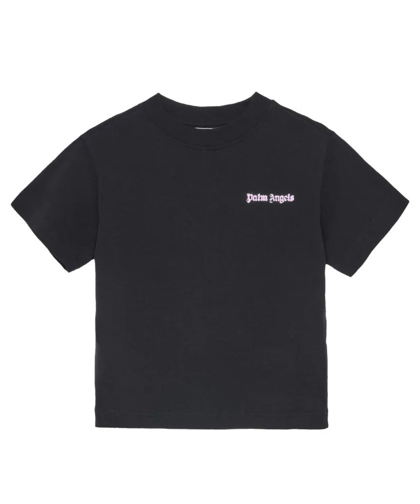 Palm Angels Kids T-Shirt Nero con Logo Rosa per Bambine