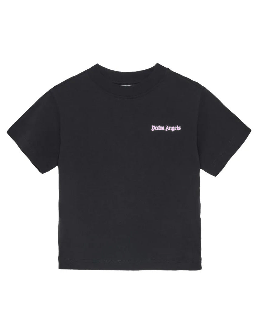 Palm Angels Kids T-Shirt Nero con Logo Rosa per Bambine