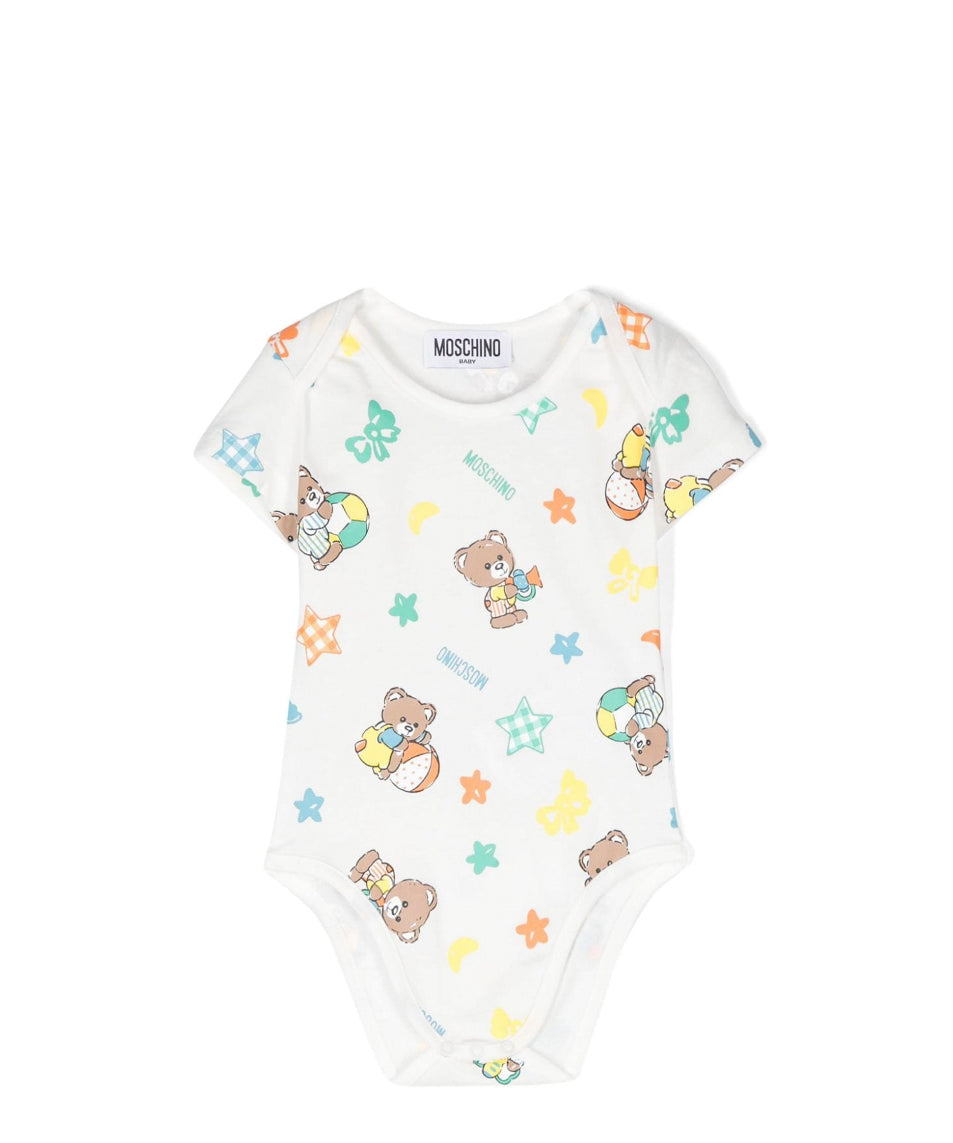 Moschino Kids Body Bianco con Stampa Teddy Bear per Neonati (fronte)