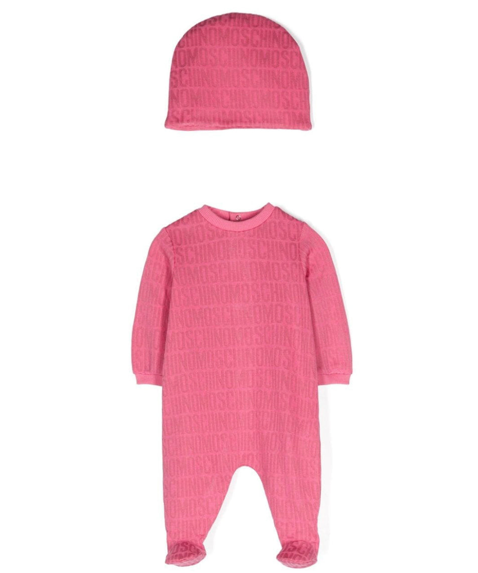 Moschino Kids Tutina Fucsia con Cappellino Monogram per Neonate