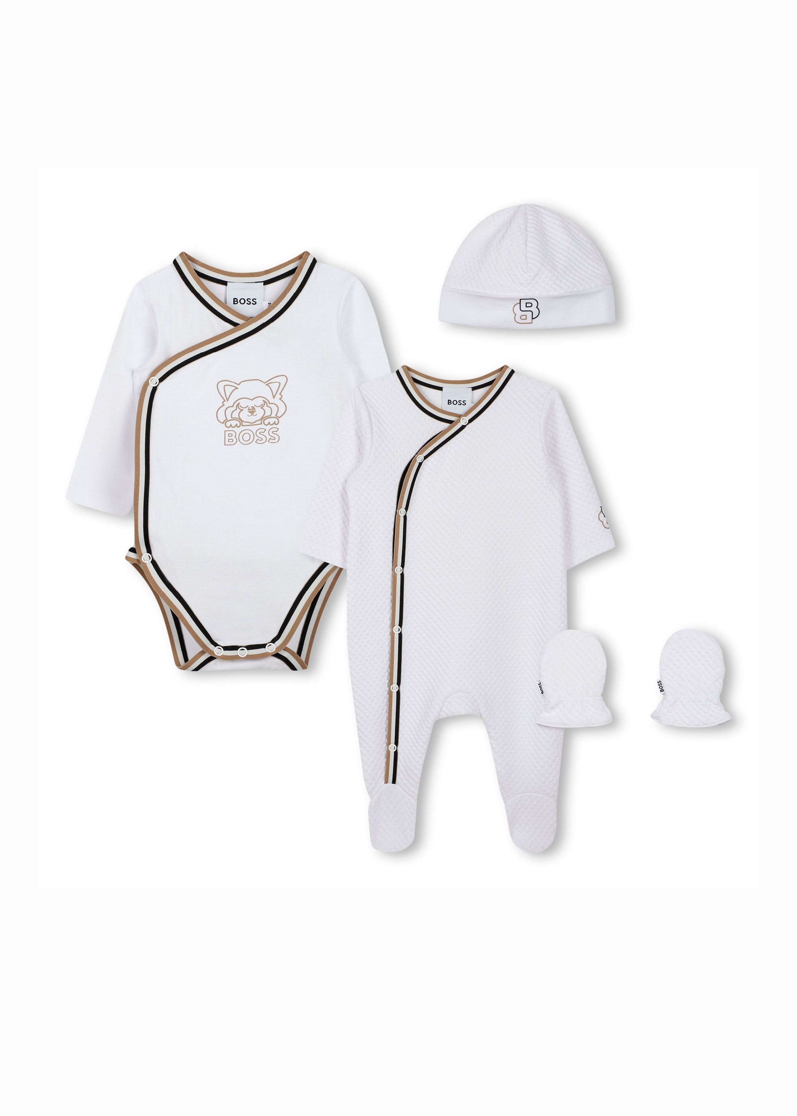 Boss Kids Tutina con Body Cappellino e Muffole Bianco per Neonati