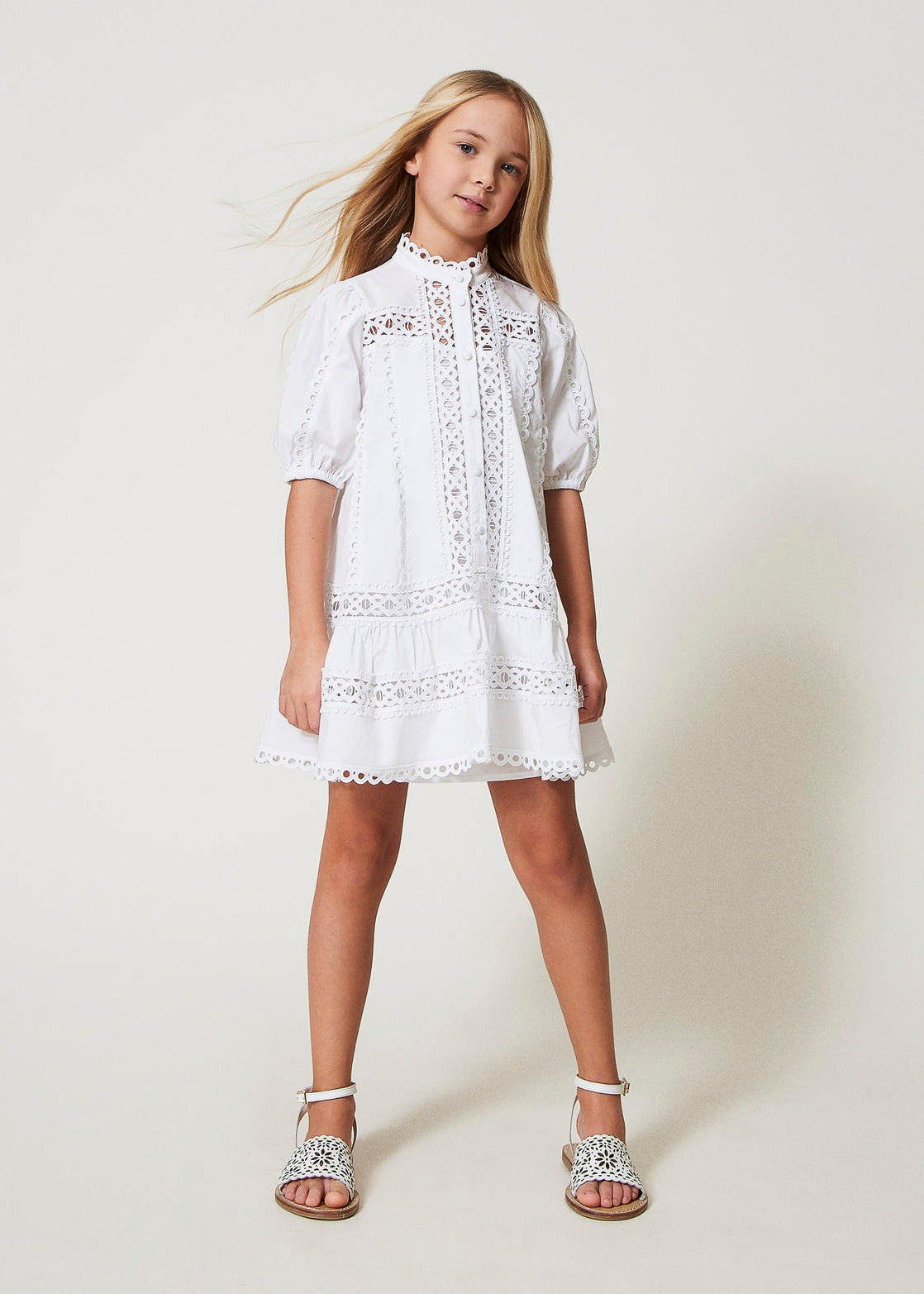 Twinset Kids Abito Bianco Ricamato per Bambine