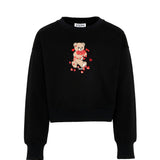 Moschino Kids Felpa Nera Cropped Girocollo con Stampa Teddy Cuori per Bambine