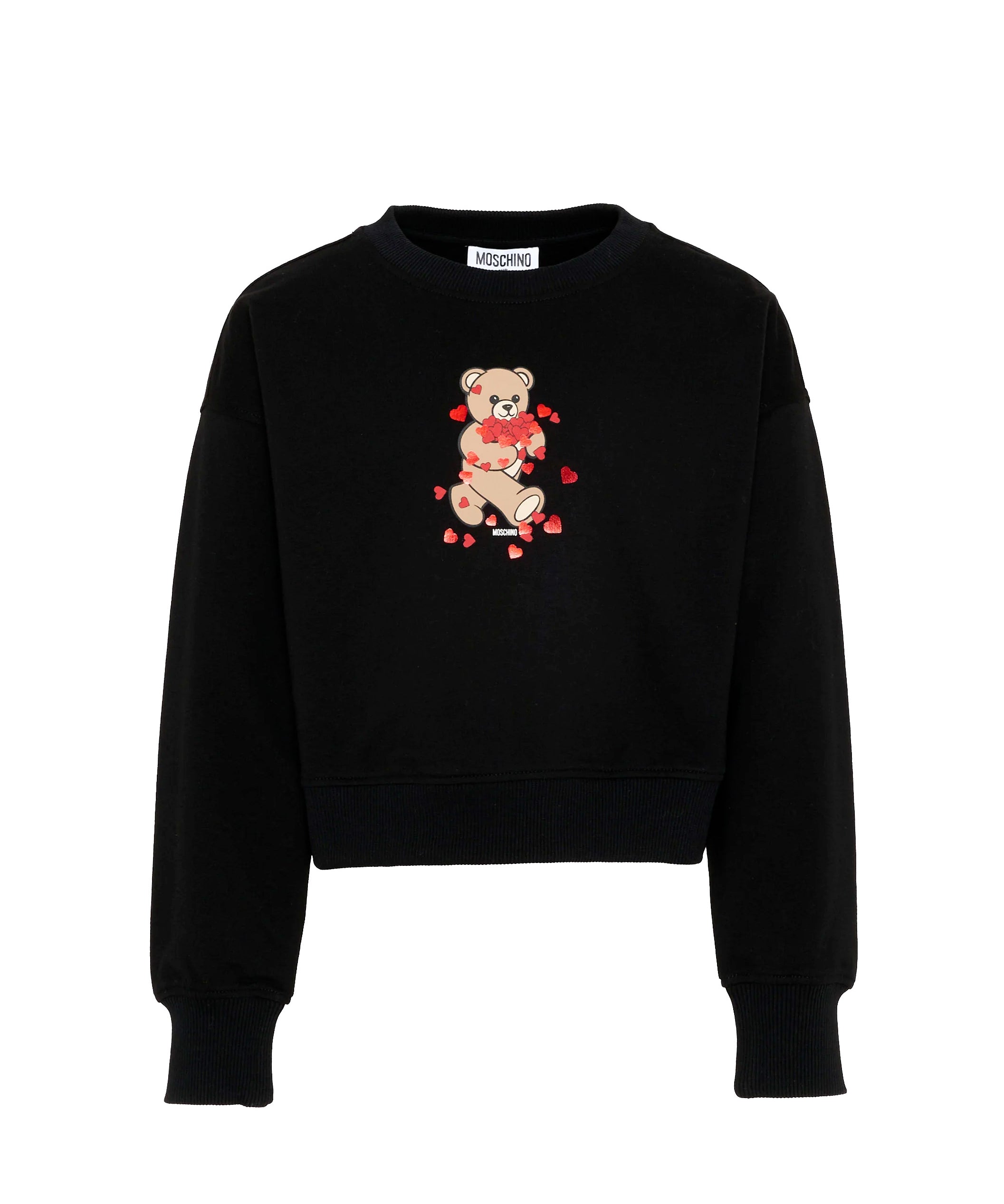 Moschino Kids Felpa Nera Cropped Girocollo con Stampa Teddy Cuori per Bambine