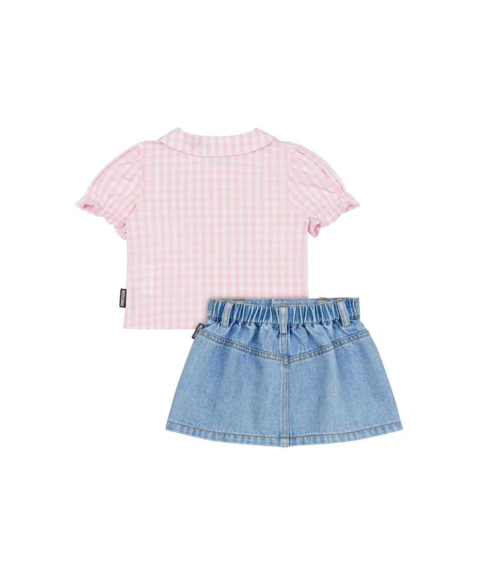 Moschino Kids T-shirt a Quadri con Gonna Denim per Neonate