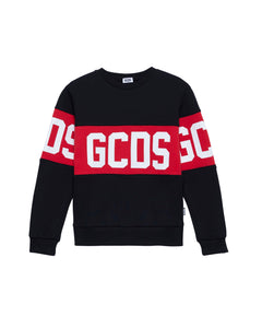Gcds Kids Maglione Nero Unisex Girocollo con Stampa a Contrasto per Bambini