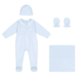 Deolinda Kids Set 4 Pezzi Tutina Cappellino Guanti e Coperta Celeste per Neonati
