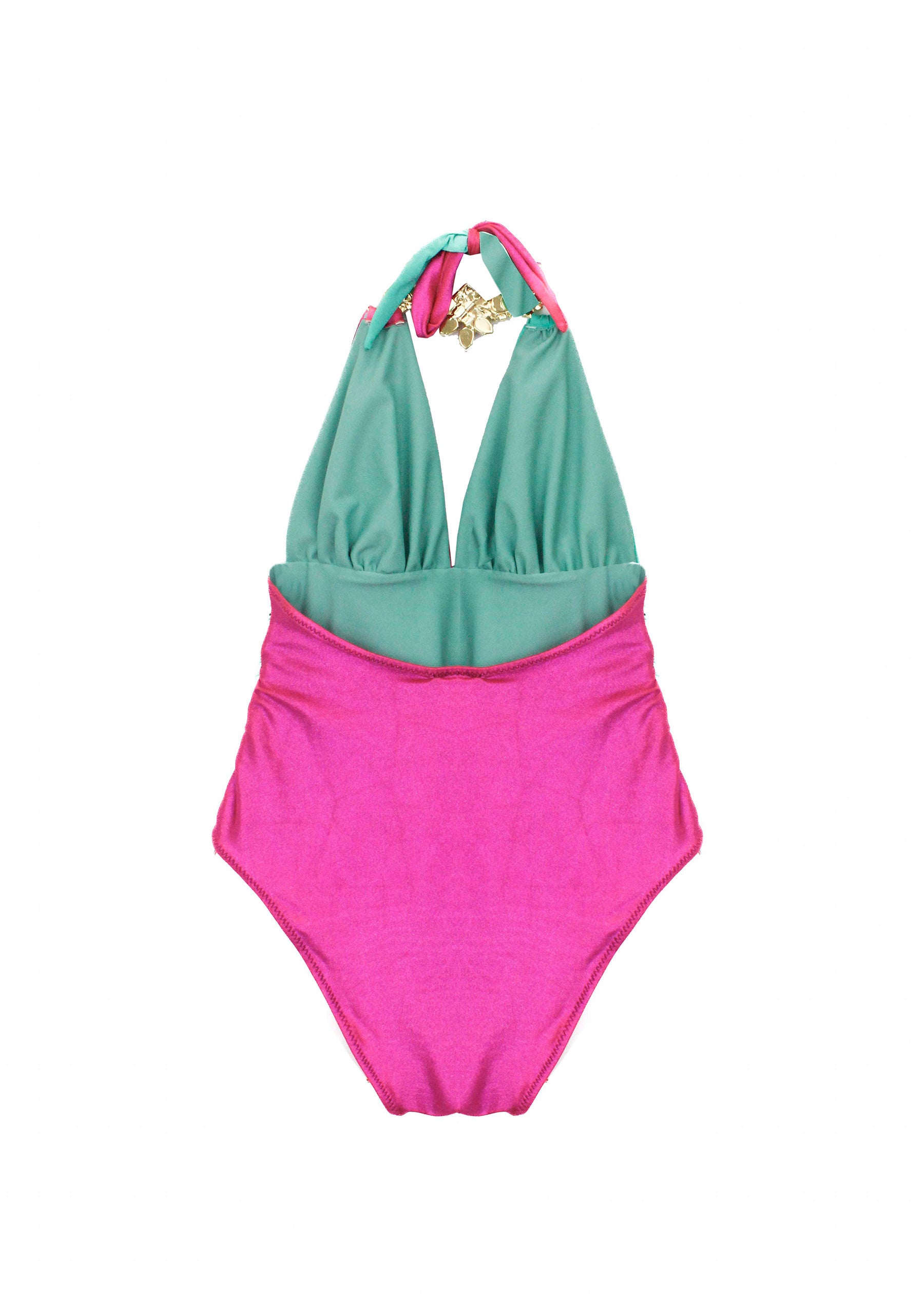 Ilaria Vitagliano Costume Monokini Verde Acqua/Fucsia per Bambine (retro)